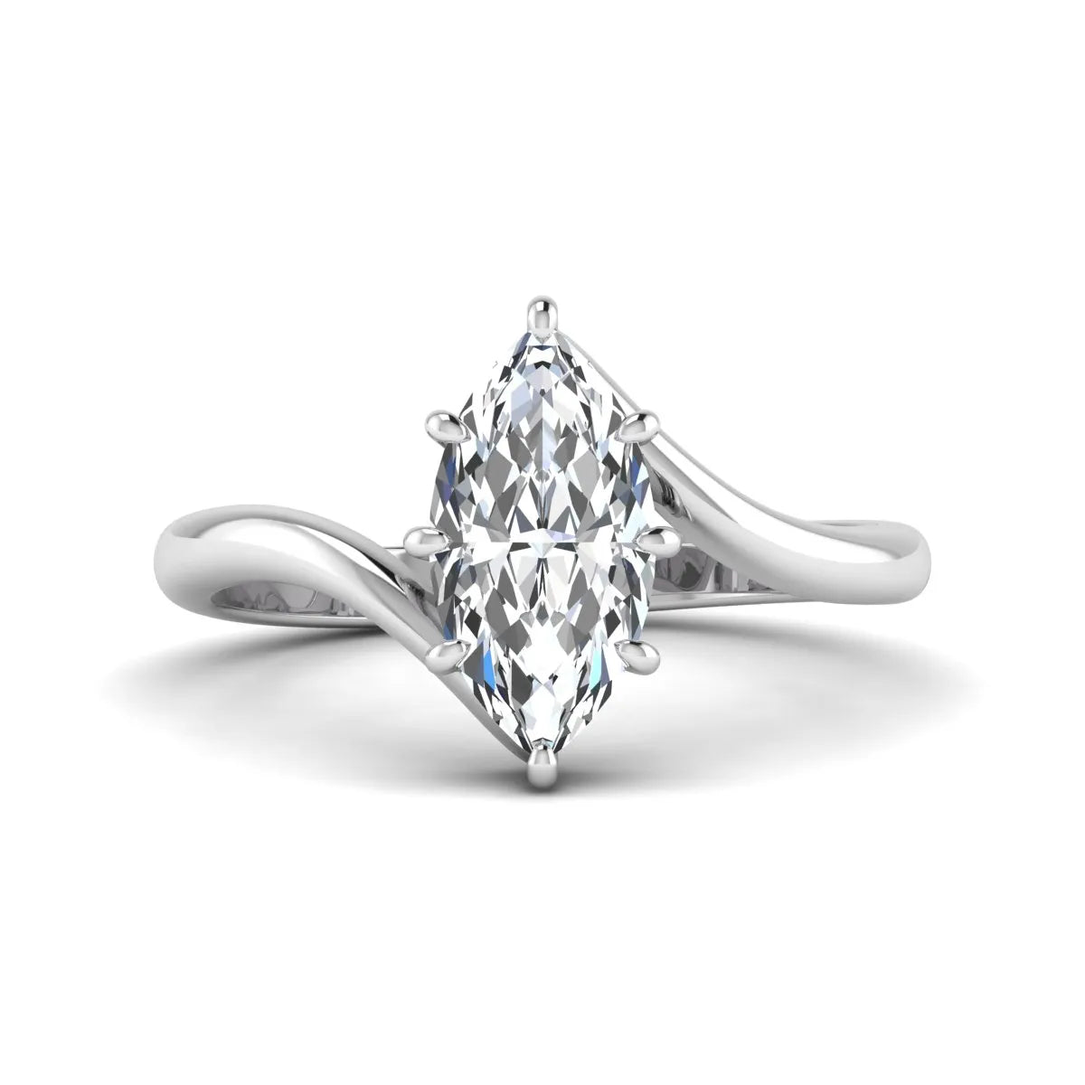 Marquise cut lab grown diamond solitaire engagement ring featuring a graceful bypass band with a six-prong setting in a polished white gold tone.