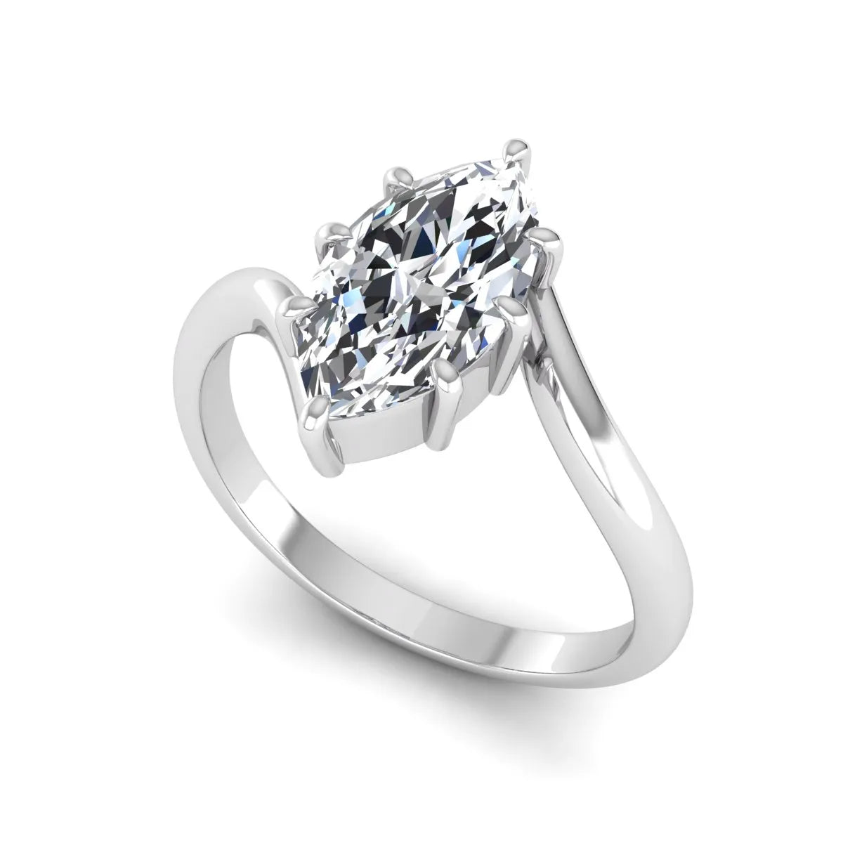 Marquise cut lab grown diamond solitaire engagement ring featuring a graceful bypass band with a six-prong setting in a polished white gold tone.
