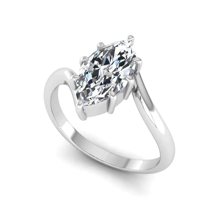 Marquise cut lab grown diamond solitaire engagement ring featuring a graceful bypass band with a six-prong setting in a polished white gold tone.
