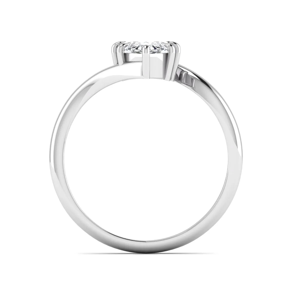 Marquise cut lab grown diamond solitaire engagement ring featuring a graceful bypass band with a six-prong setting in a polished white gold tone.