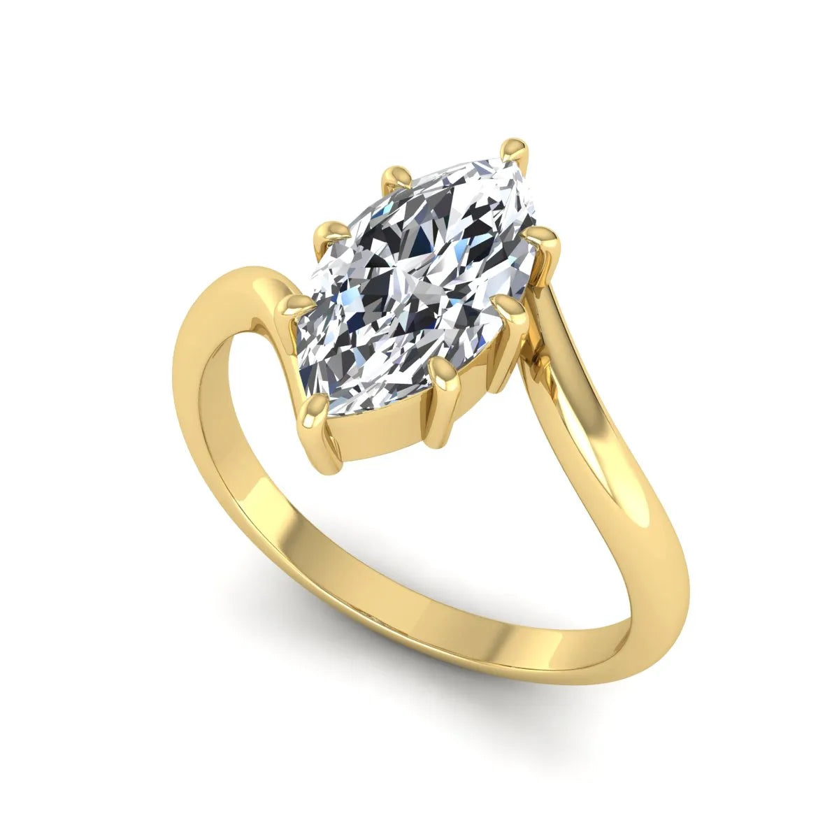 Marquise cut lab grown diamond solitaire engagement ring featuring a graceful bypass band with a six-prong setting in a polished yellow gold tone.