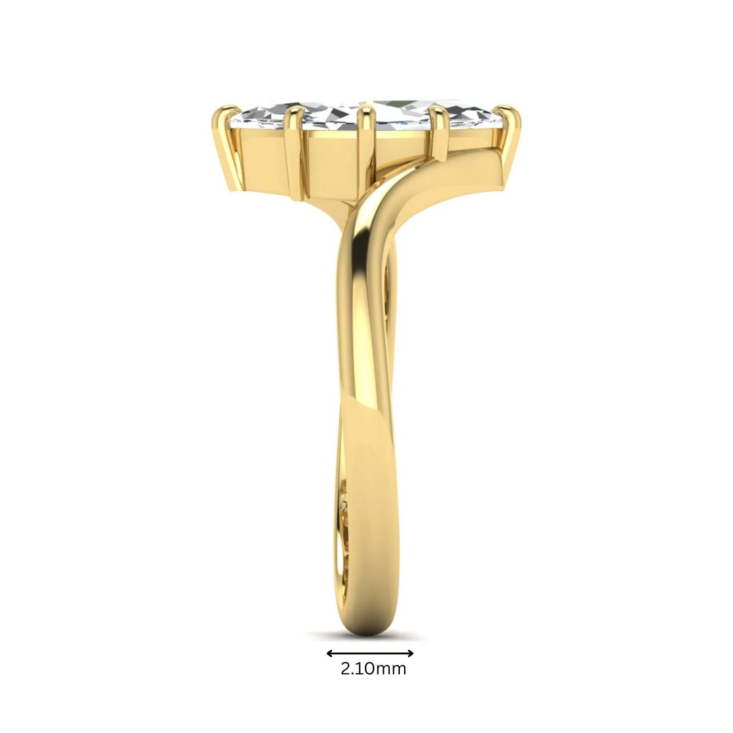 Marquise cut lab grown diamond solitaire engagement ring featuring a graceful bypass band with a six-prong setting in a polished yellow gold tone.