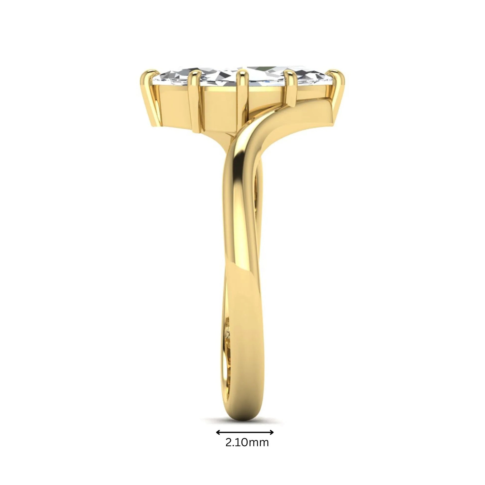 Marquise cut lab grown diamond solitaire engagement ring featuring a graceful bypass band with a six-prong setting in a polished yellow gold tone.