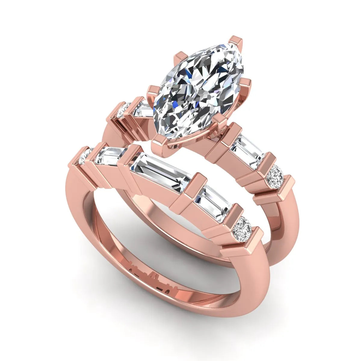 Marquise cut lab grown diamond bridal ring set featuring a six-prong solitaire engagement ring with a contour wedding band accented by baguette and round diamonds in a rose gold finish.