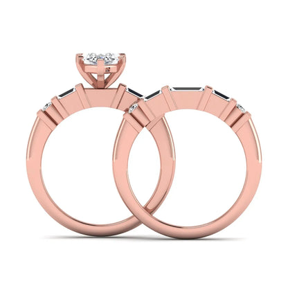 Marquise cut lab grown diamond bridal ring set featuring a six-prong solitaire engagement ring with a contour wedding band accented by baguette and round diamonds in a rose gold finish.