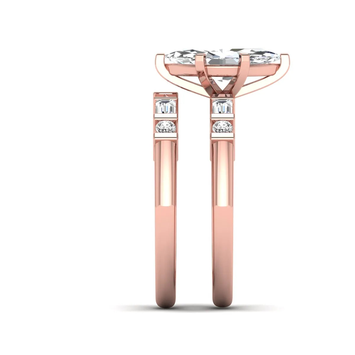 Marquise cut lab grown diamond bridal ring set featuring a six-prong solitaire engagement ring with a contour wedding band accented by baguette and round diamonds in a rose gold finish.