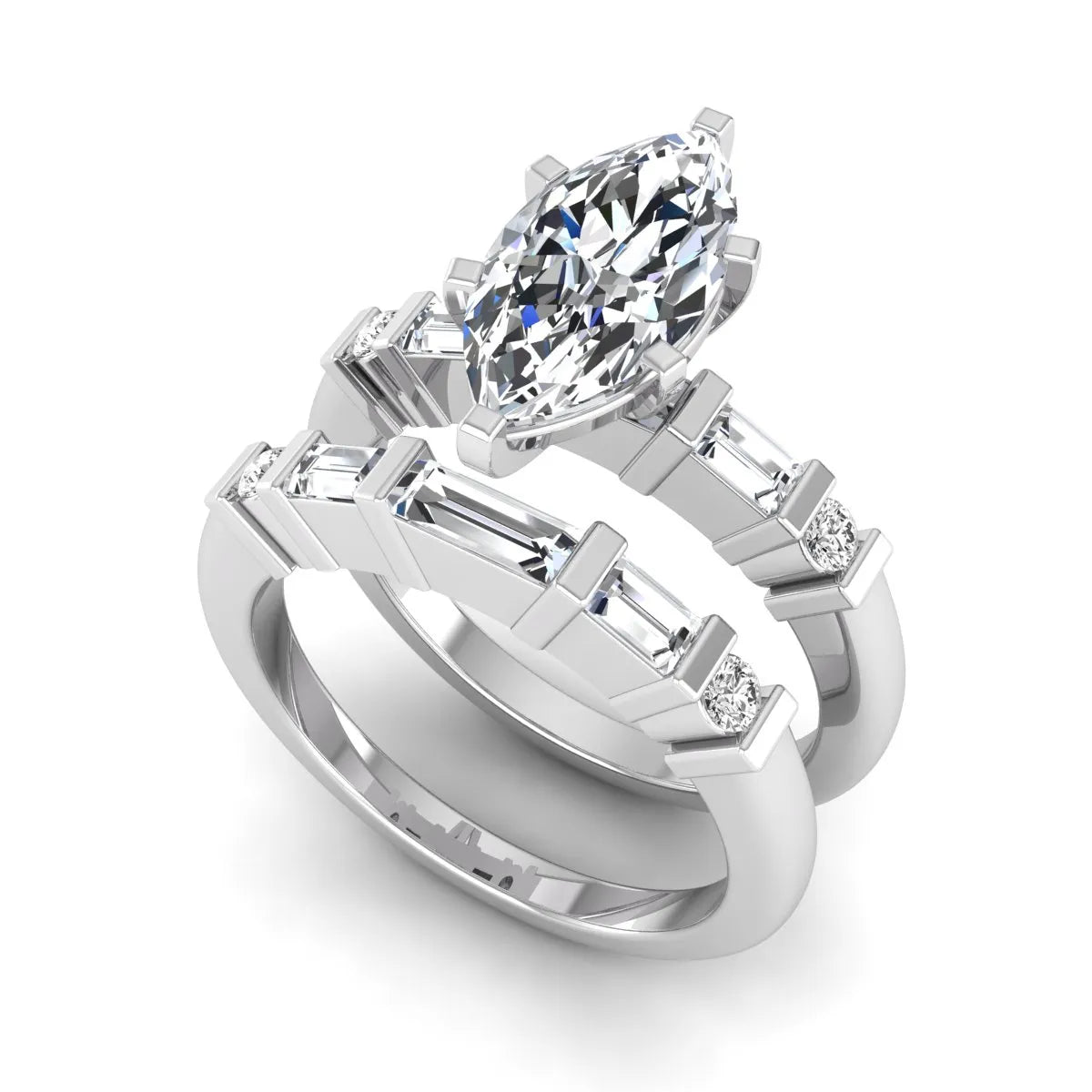 Marquise cut lab grown diamond bridal ring set featuring a six-prong solitaire engagement ring with a contour wedding band accented by baguette and round diamonds in a white gold finish.