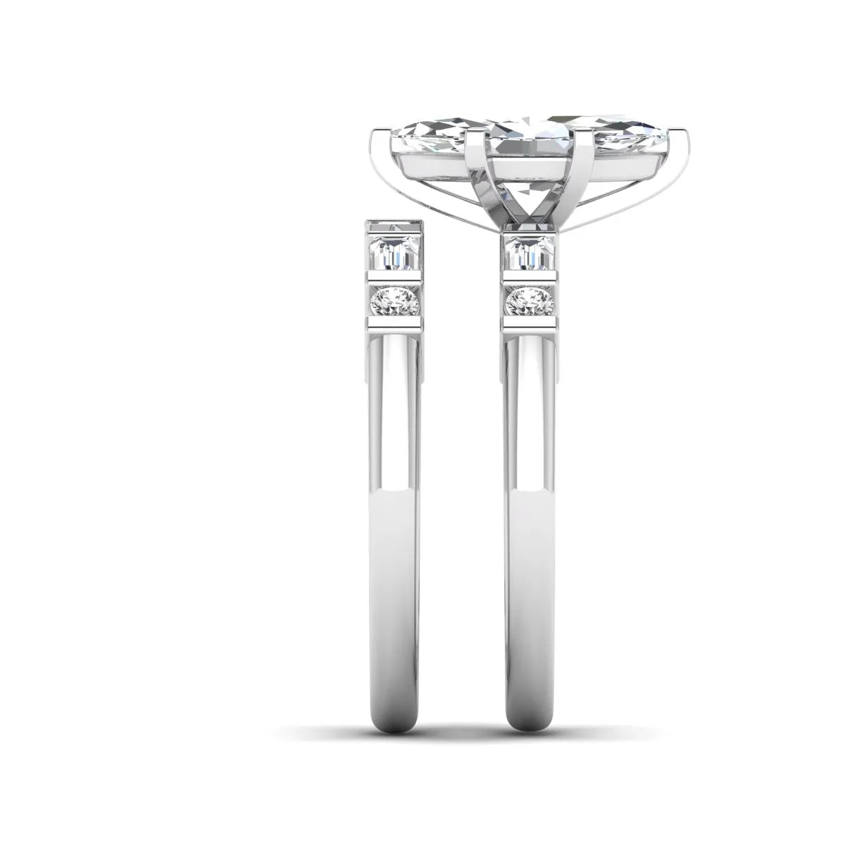 Marquise cut lab grown diamond bridal ring set featuring a six-prong solitaire engagement ring with a contour wedding band accented by baguette and round diamonds in a white gold finish.