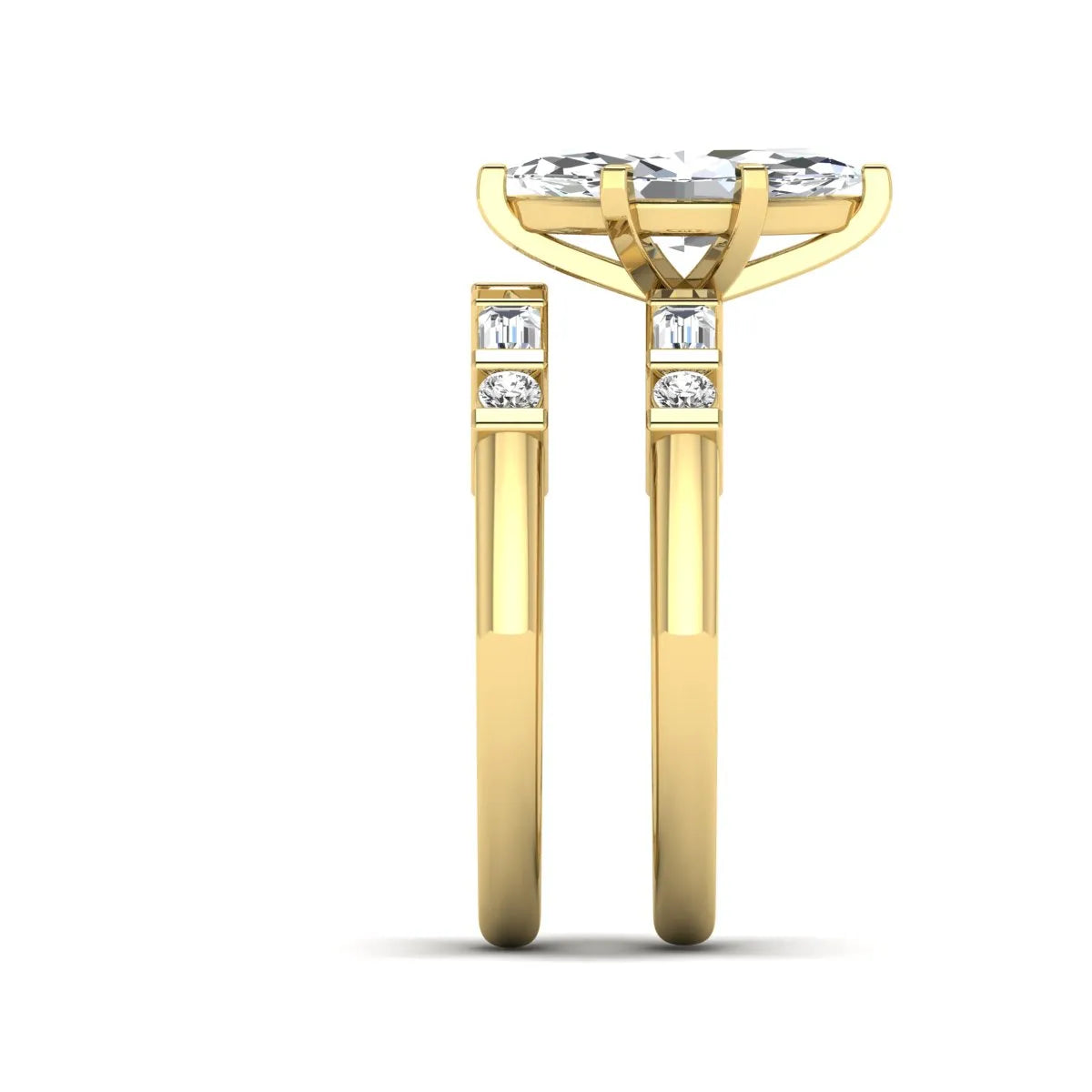 Marquise cut lab grown diamond bridal ring set featuring a six-prong solitaire engagement ring with a contour wedding band accented by baguette and round diamonds in a yellow gold finish.