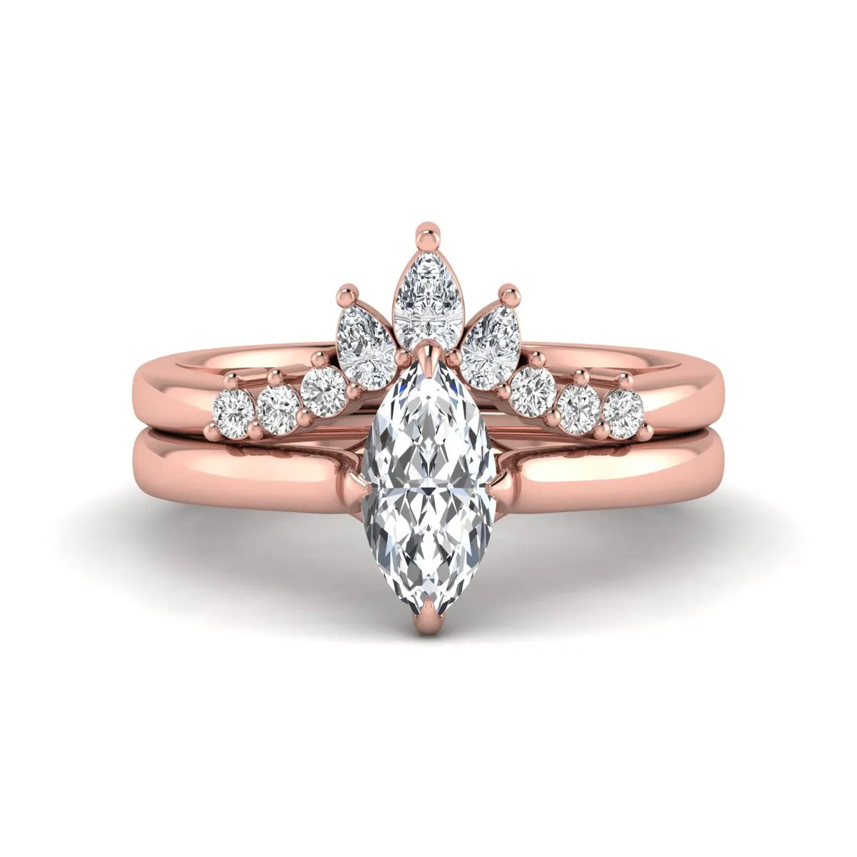 Marquise solitaire lab grown diamond bridal ring set featuring a four-prong marquise center diamond with a crown-inspired contour wedding band accented by pear and round diamonds in rose gold