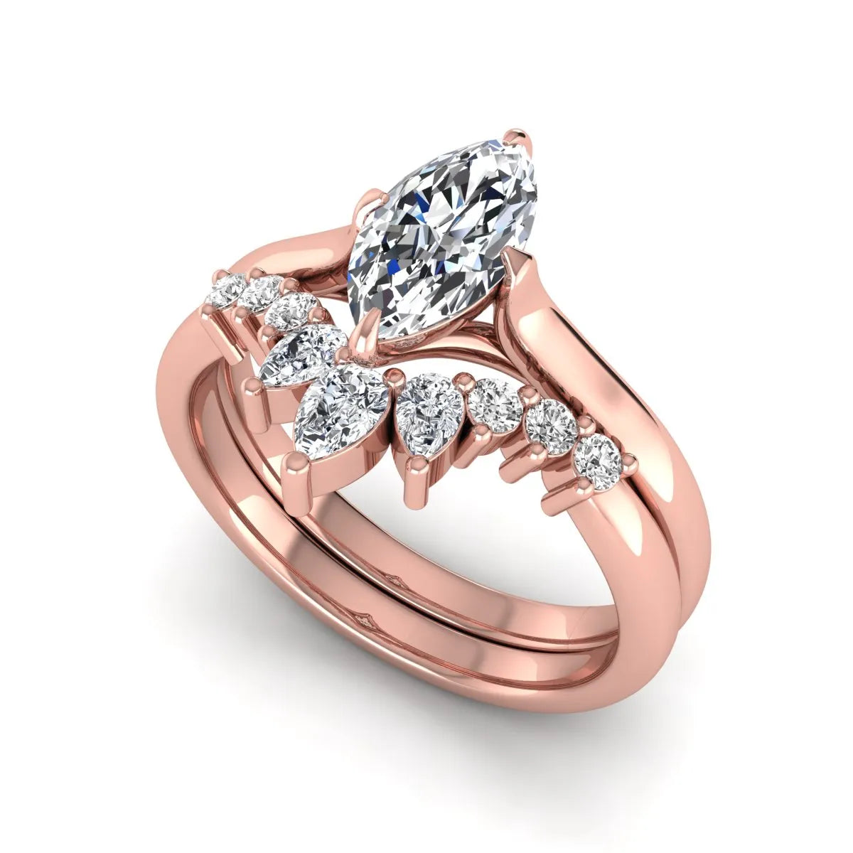 Marquise solitaire lab grown diamond bridal ring set featuring a four-prong marquise center diamond with a crown-inspired contour wedding band accented by pear and round diamonds in rose gold