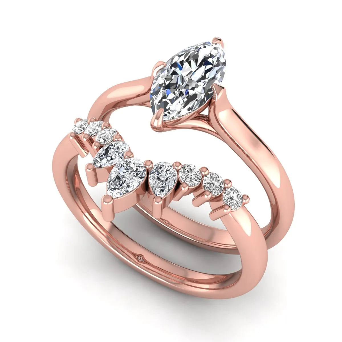 Marquise solitaire lab grown diamond bridal ring set featuring a four-prong marquise center diamond with a crown-inspired contour wedding band accented by pear and round diamonds in rose gold