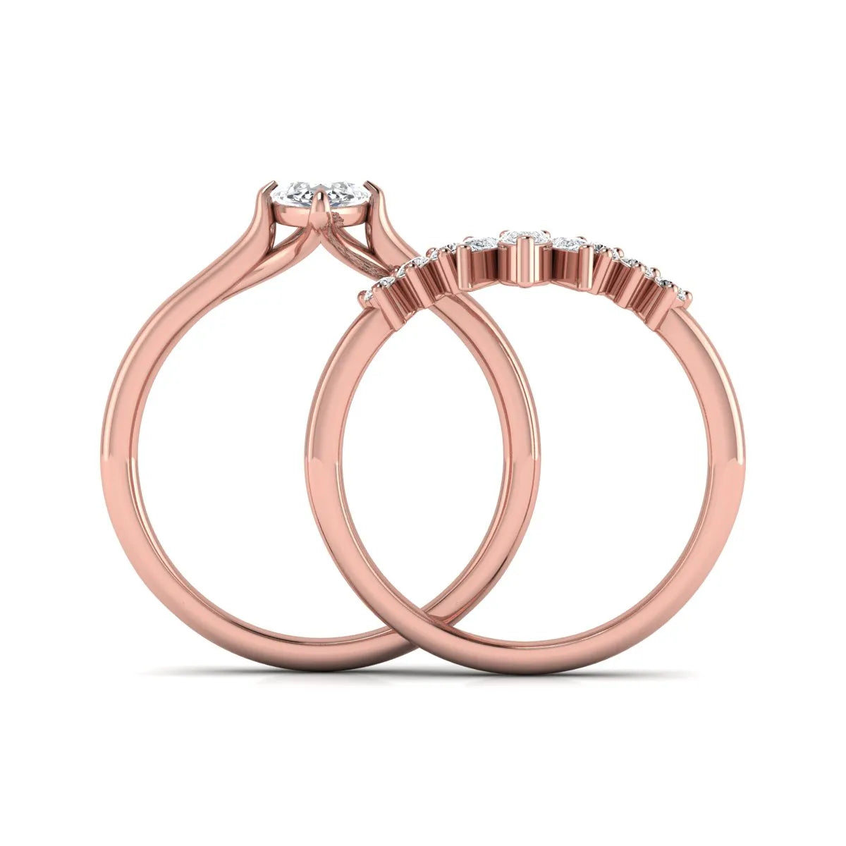 Marquise solitaire lab grown diamond bridal ring set featuring a four-prong marquise center diamond with a crown-inspired contour wedding band accented by pear and round diamonds in rose gold