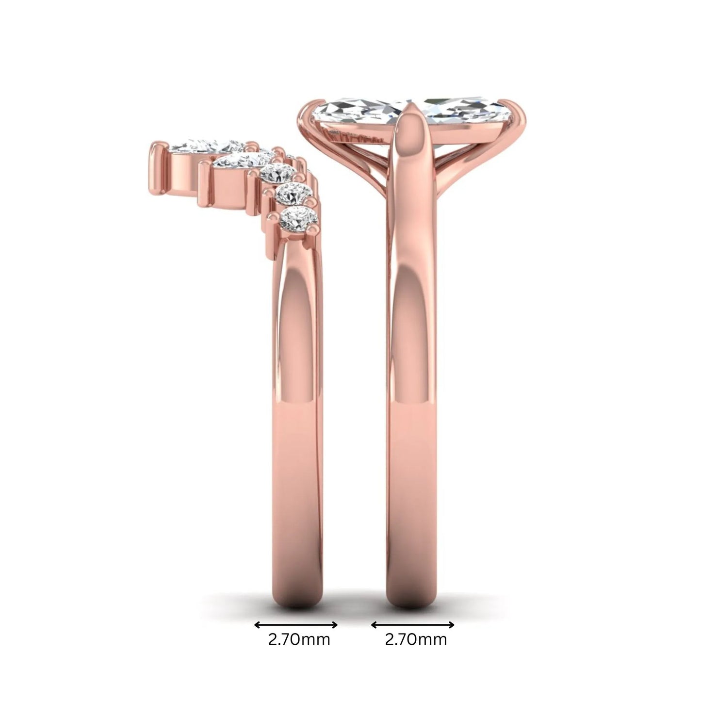 Marquise solitaire lab grown diamond bridal ring set featuring a four-prong marquise center diamond with a crown-inspired contour wedding band accented by pear and round diamonds in rose gold