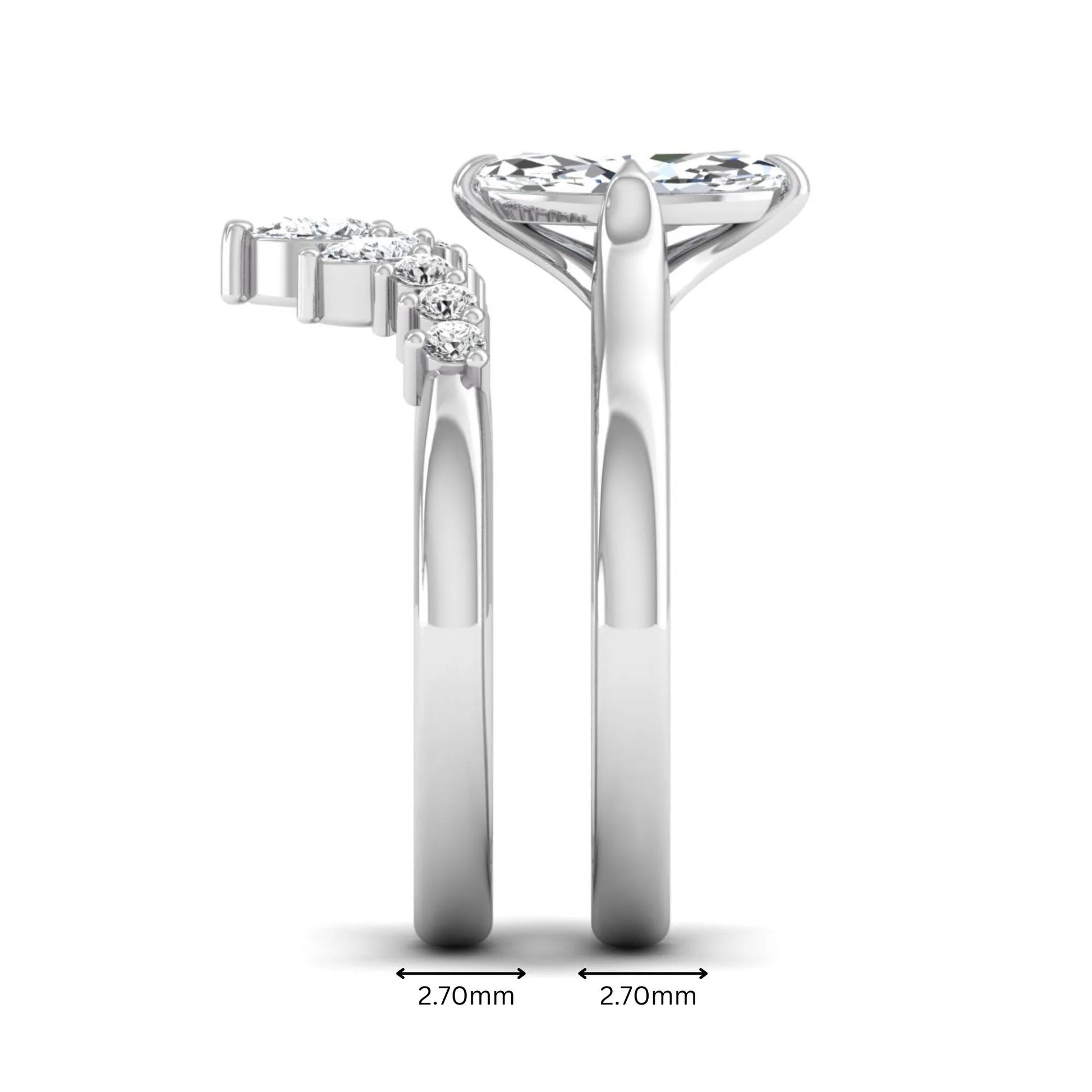 Marquise solitaire lab grown diamond bridal ring set featuring a four-prong marquise center diamond with a crown-inspired contour wedding band accented by pear and round diamonds in white gold
