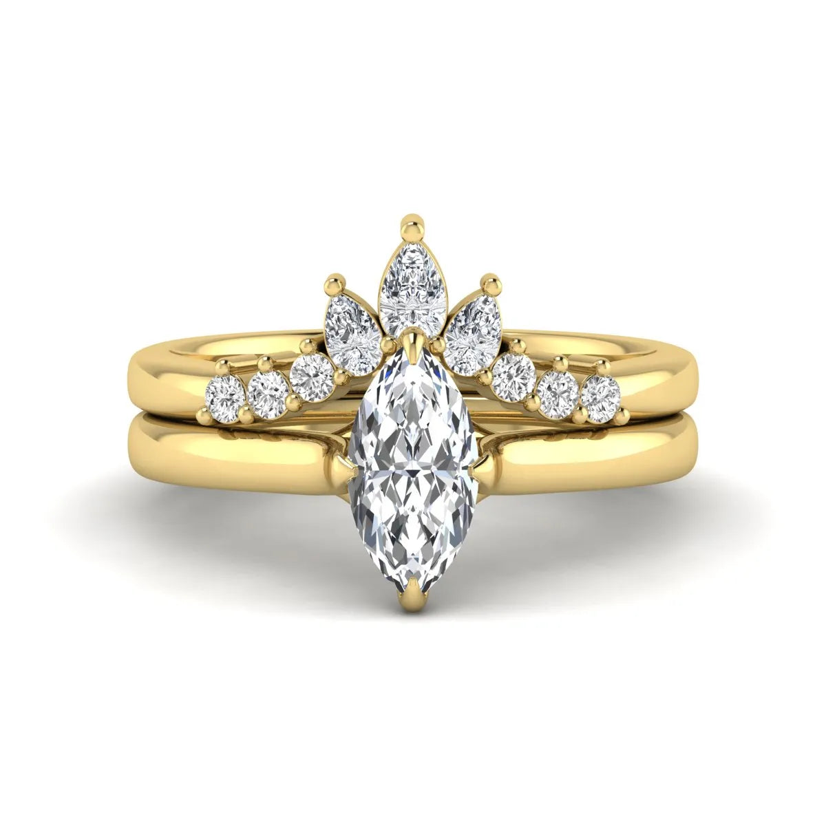 Marquise solitaire lab grown diamond bridal ring set featuring a four-prong marquise center diamond with a crown-inspired contour wedding band accented by pear and round diamonds in yellow gold