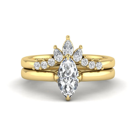 Marquise solitaire lab grown diamond bridal ring set featuring a four-prong marquise center diamond with a crown-inspired contour wedding band accented by pear and round diamonds in yellow gold