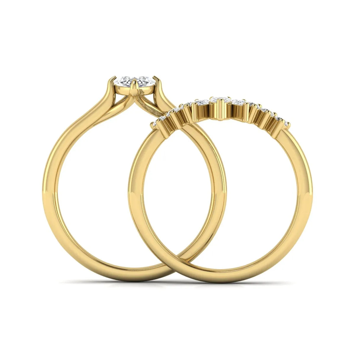 Marquise solitaire lab grown diamond bridal ring set featuring a four-prong marquise center diamond with a crown-inspired contour wedding band accented by pear and round diamonds in yellow gold
