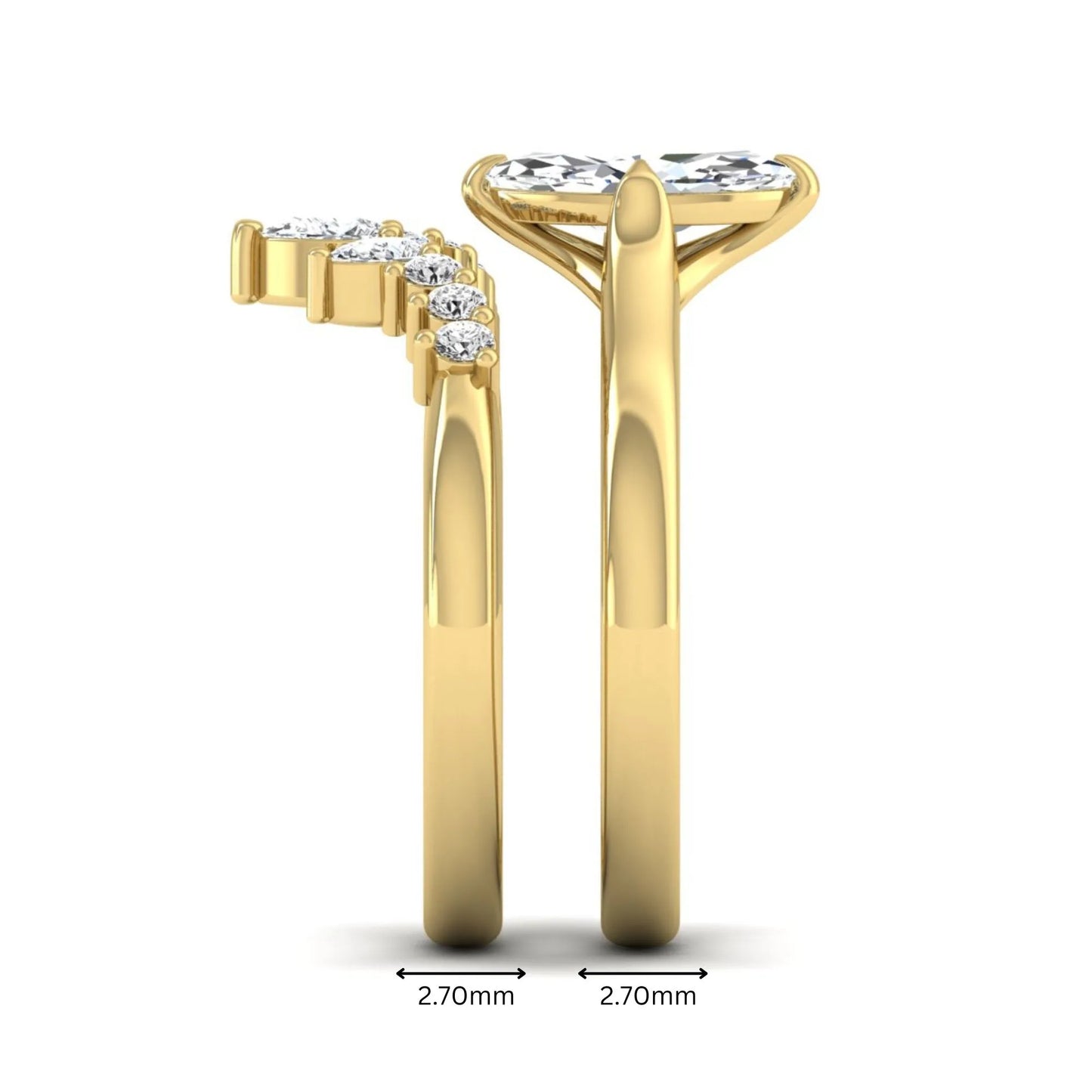 Marquise solitaire lab grown diamond bridal ring set featuring a four-prong marquise center diamond with a crown-inspired contour wedding band accented by pear and round diamonds in yellow gold