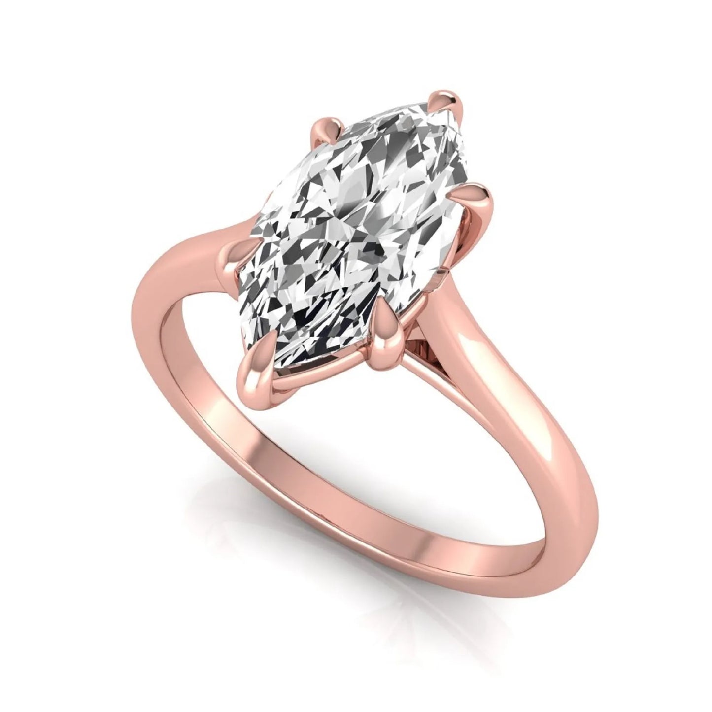 Marquise cut lab grown diamond solitaire engagement ring featuring a 1.62 carat diamond in a classic six-prong rose gold setting.