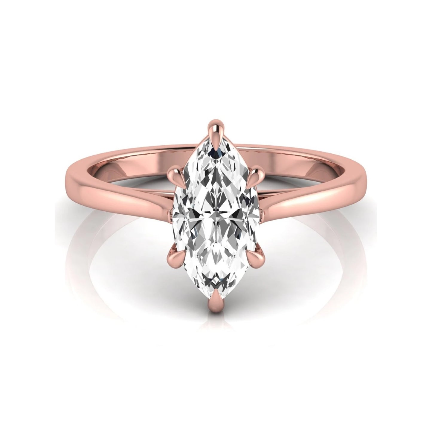 Marquise cut lab grown diamond solitaire engagement ring featuring a 1.62 carat diamond in a classic six-prong rose gold setting.
