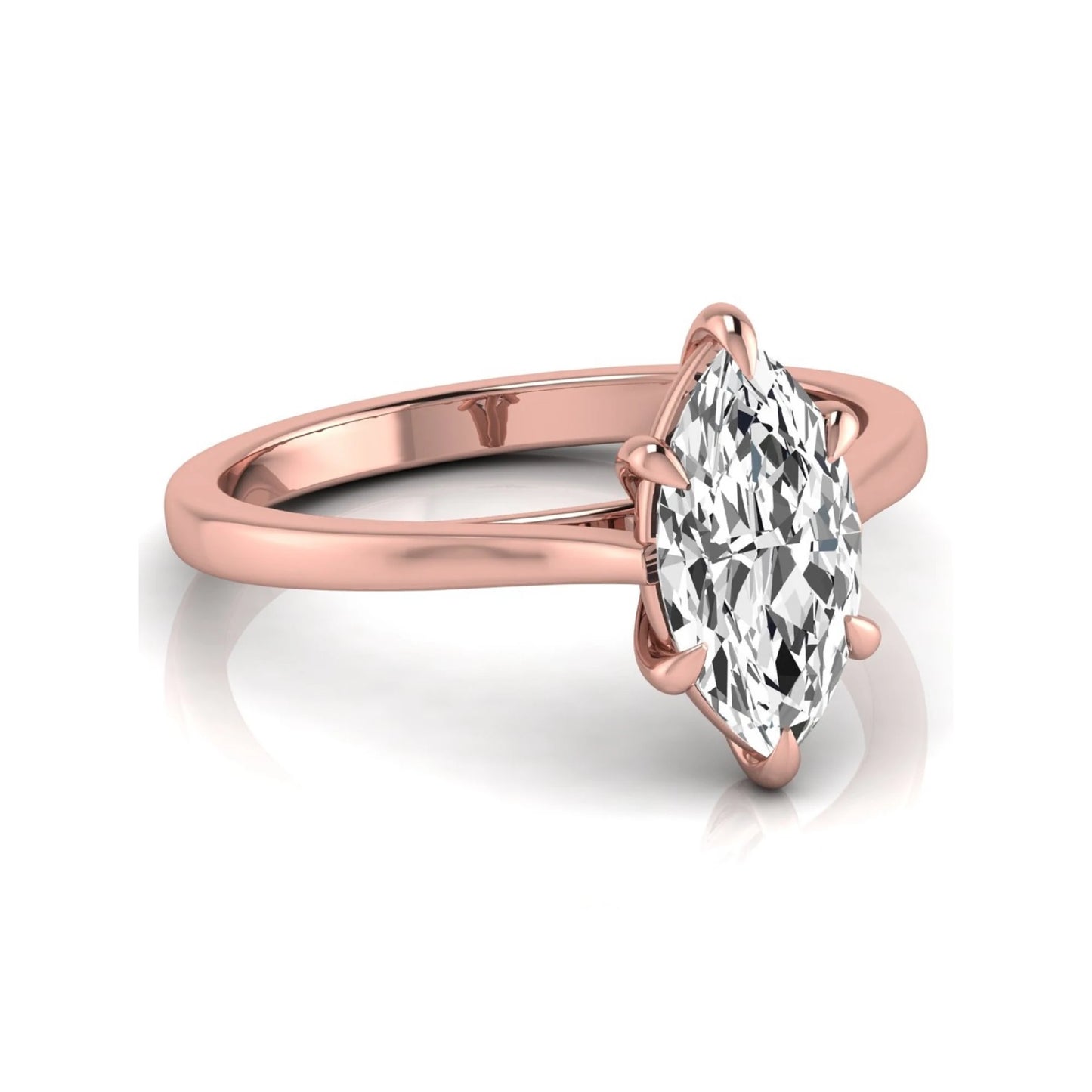Marquise cut lab grown diamond solitaire engagement ring featuring a 1.62 carat diamond in a classic six-prong rose gold setting.