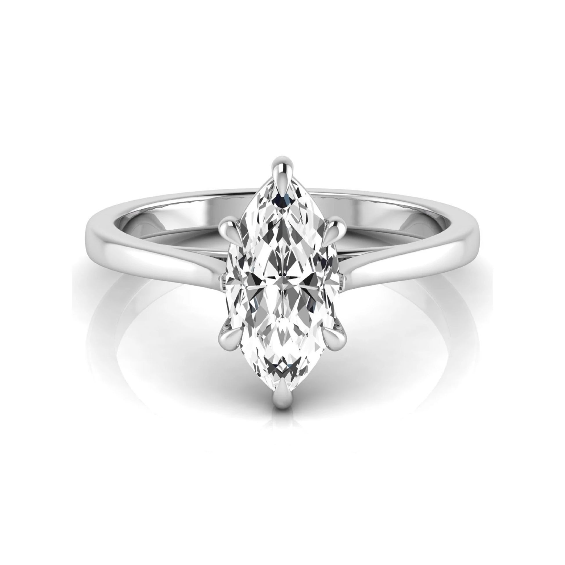 Marquise cut lab grown diamond solitaire engagement ring featuring a 1.62 carat diamond in a classic six-prong white gold setting.