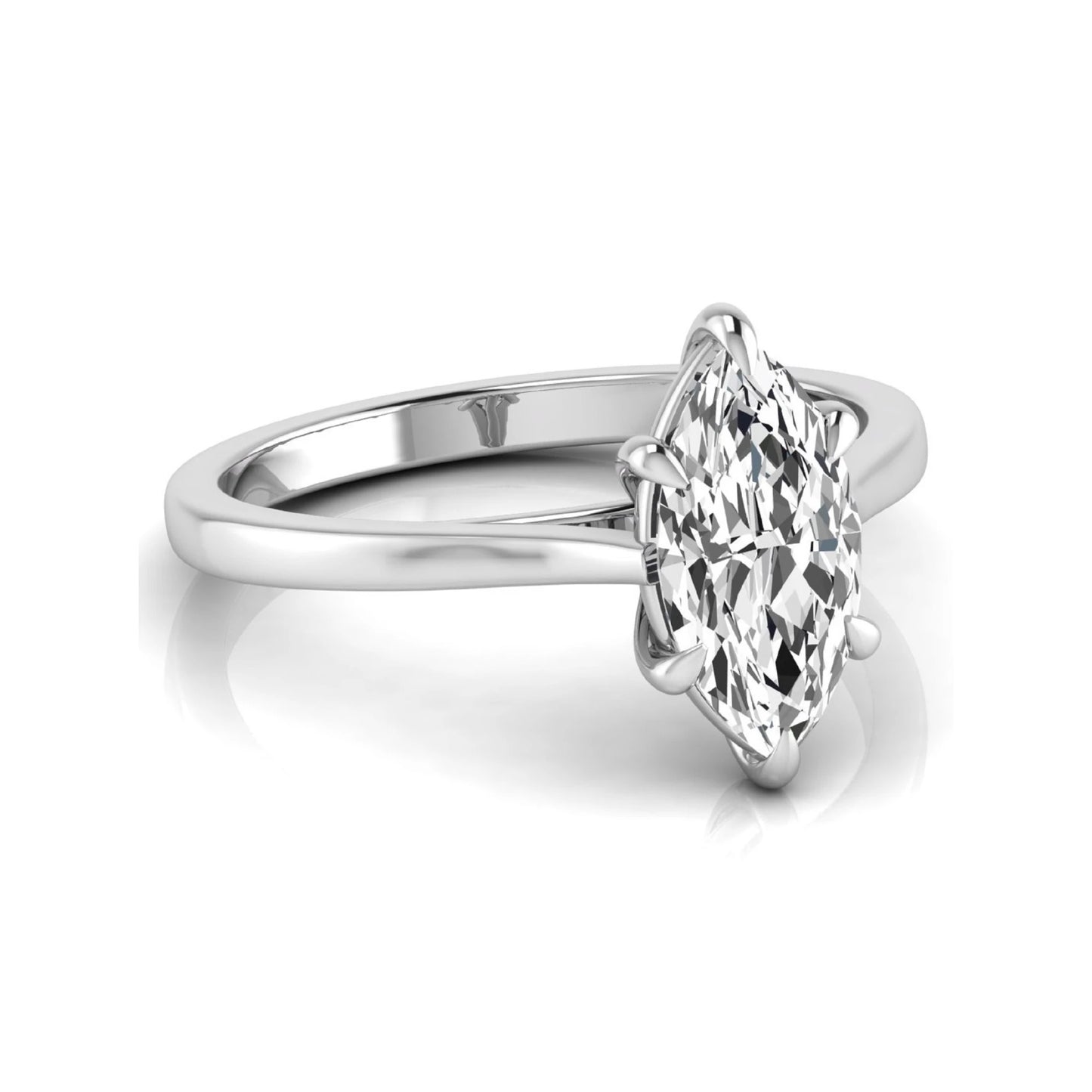 Marquise cut lab grown diamond solitaire engagement ring featuring a 1.62 carat diamond in a classic six-prong white gold setting.