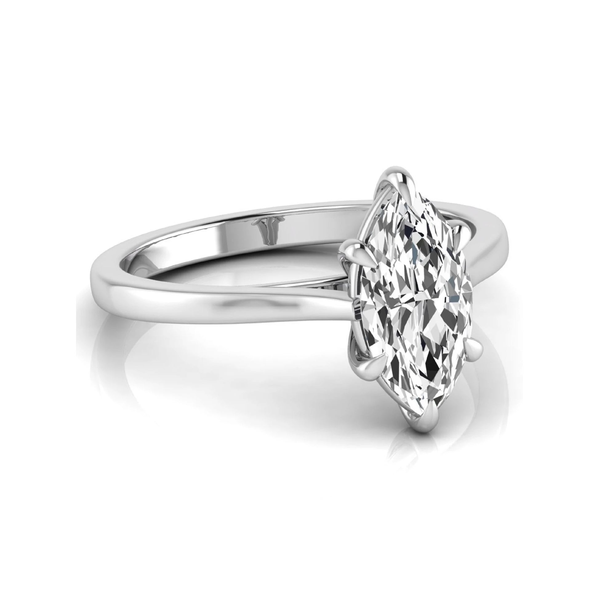 Marquise cut lab grown diamond solitaire engagement ring featuring a 1.62 carat diamond in a classic six-prong white gold setting.
