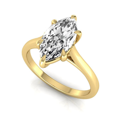 Marquise cut lab grown diamond solitaire engagement ring featuring a 1.62 carat diamond in a classic six-prong yellow gold setting.