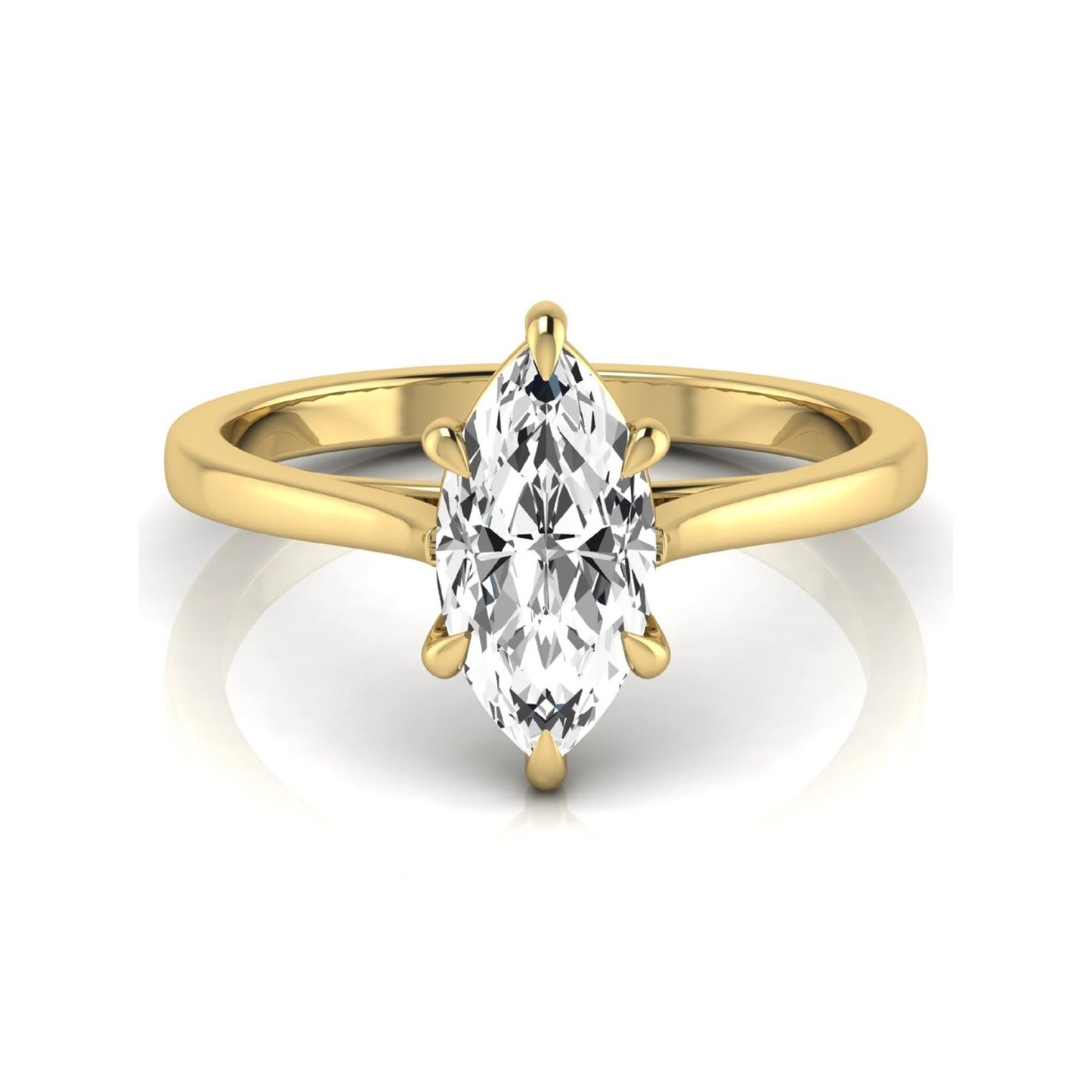 Marquise cut lab grown diamond solitaire engagement ring featuring a 1.62 carat diamond in a classic six-prong yellow gold setting.