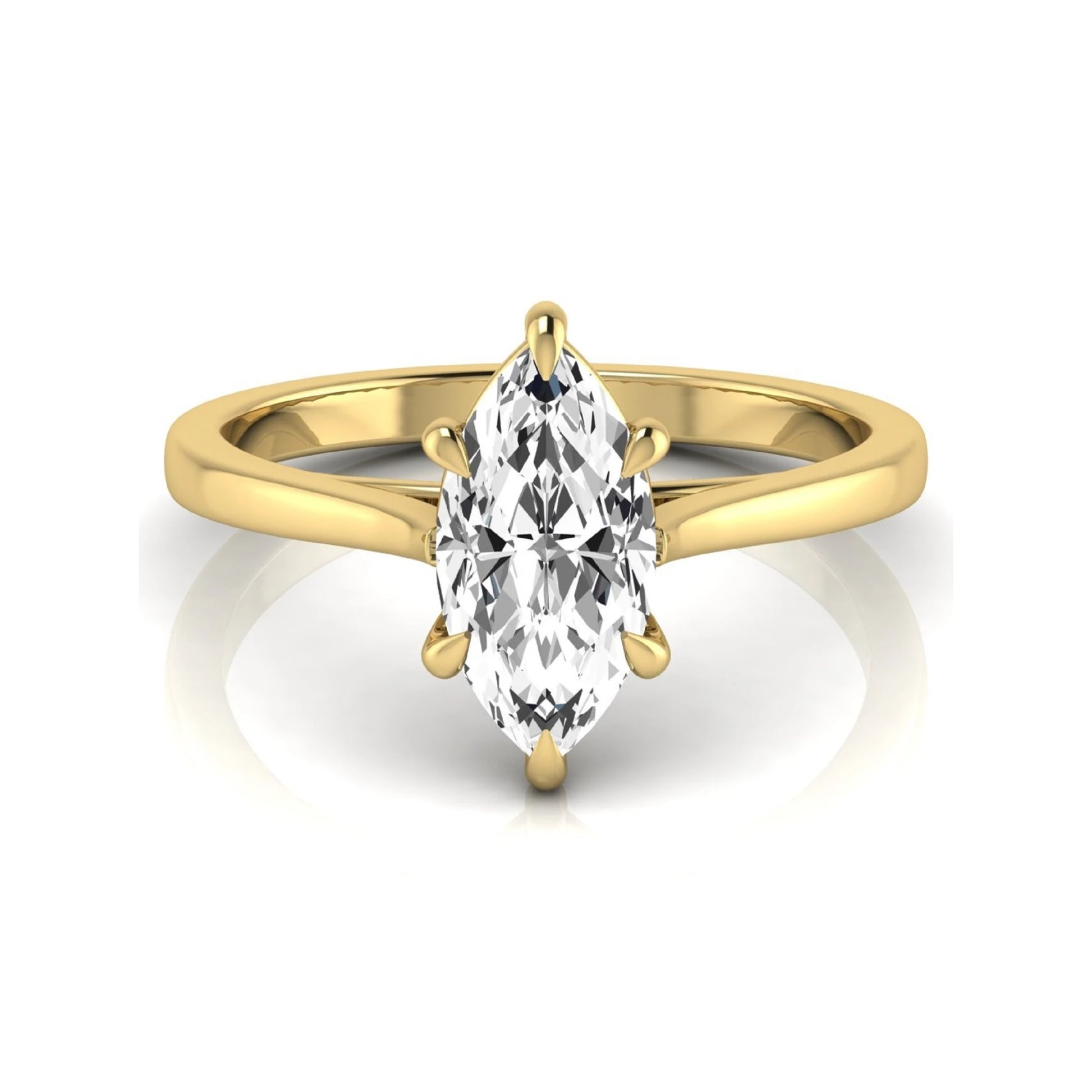 Marquise cut lab grown diamond solitaire engagement ring featuring a 1.62 carat diamond in a classic six-prong yellow gold setting.