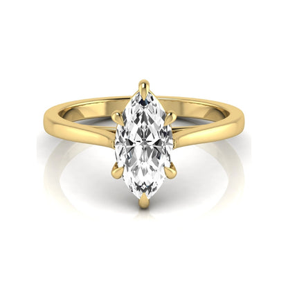 Marquise cut lab grown diamond solitaire engagement ring featuring a 1.62 carat diamond in a classic six-prong yellow gold setting.