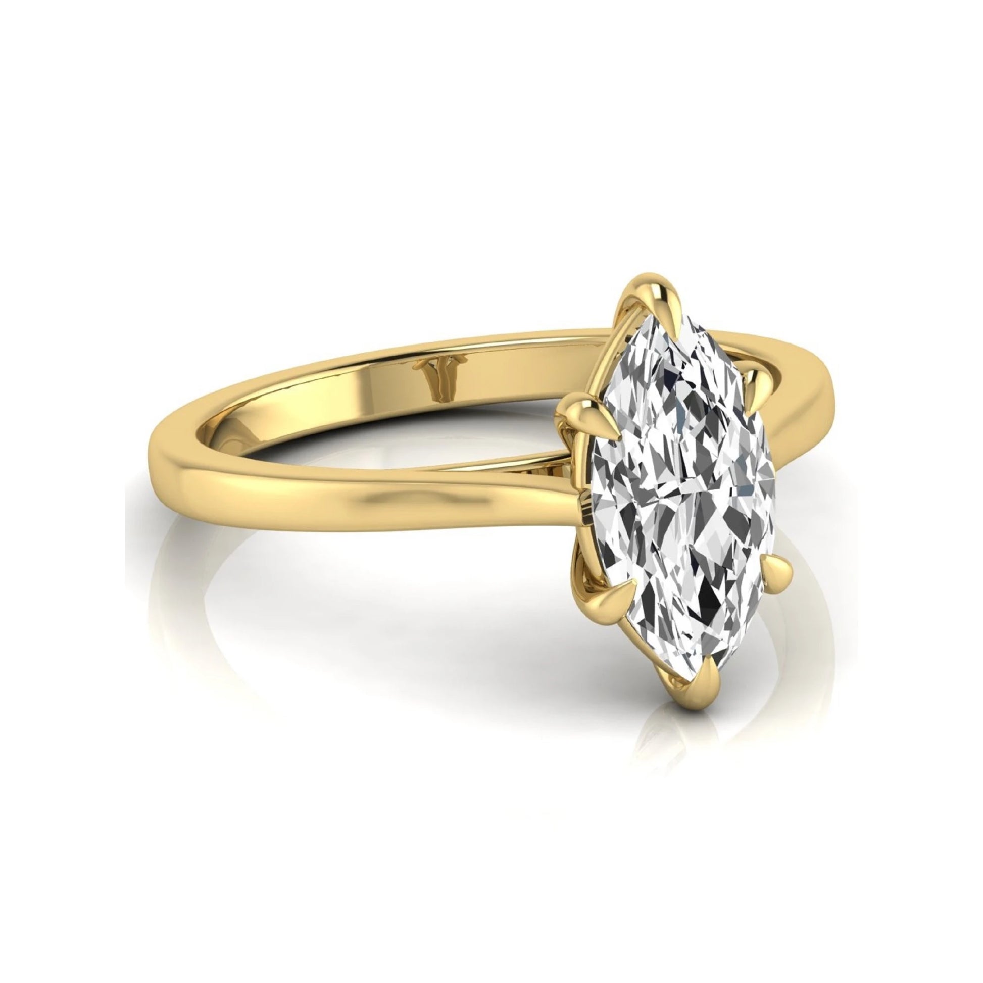 Marquise cut lab grown diamond solitaire engagement ring featuring a 1.62 carat diamond in a classic six-prong yellow gold setting.