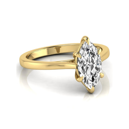 Marquise cut lab grown diamond solitaire engagement ring featuring a 1.62 carat diamond in a classic six-prong yellow gold setting.