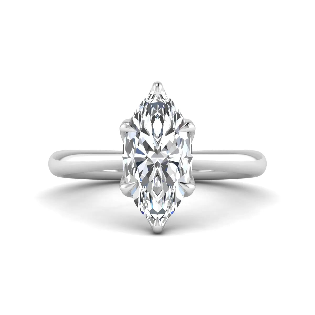Marquise cut lab grown diamond solitaire engagement ring with six-prong setting and white gold tone band.
