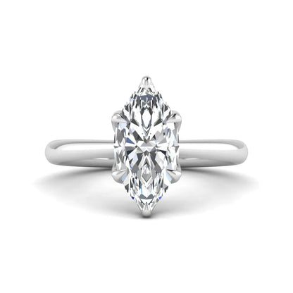 Marquise cut lab grown diamond solitaire engagement ring with six-prong setting and white gold tone band.