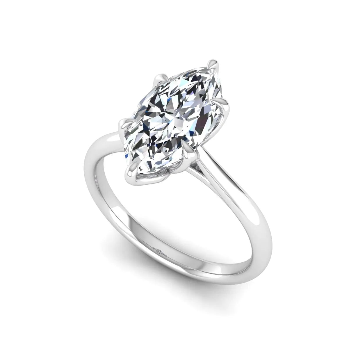 Marquise cut lab grown diamond solitaire engagement ring with six-prong setting and white gold tone band.