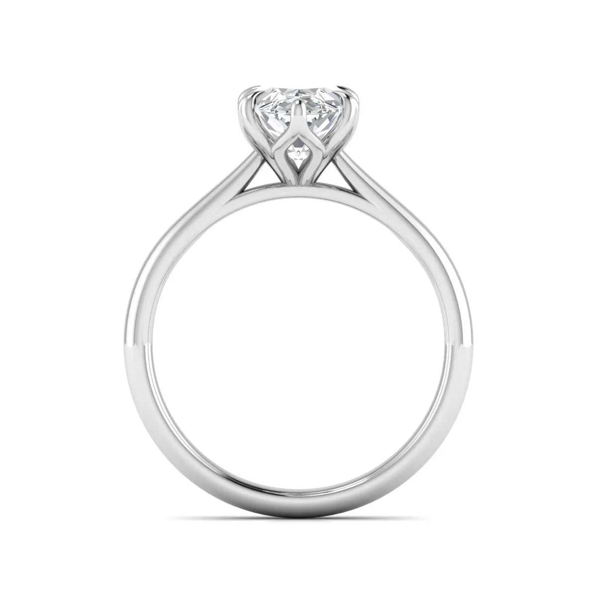 Marquise cut lab grown diamond solitaire engagement ring with six-prong setting and white gold tone band.