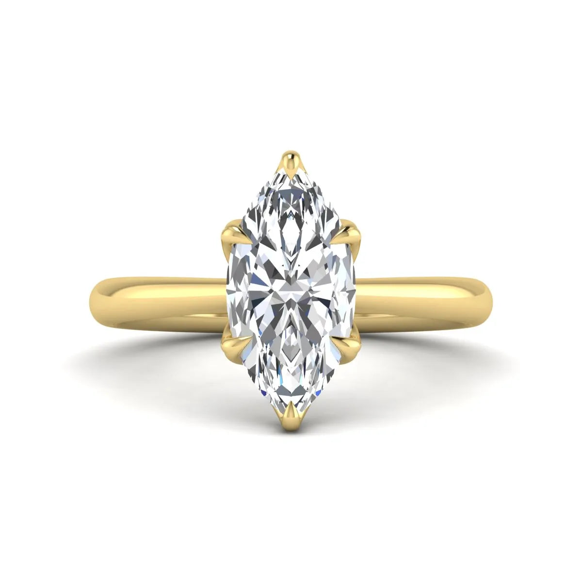 Marquise cut lab grown diamond solitaire engagement ring with six-prong setting and yellow gold tone band.