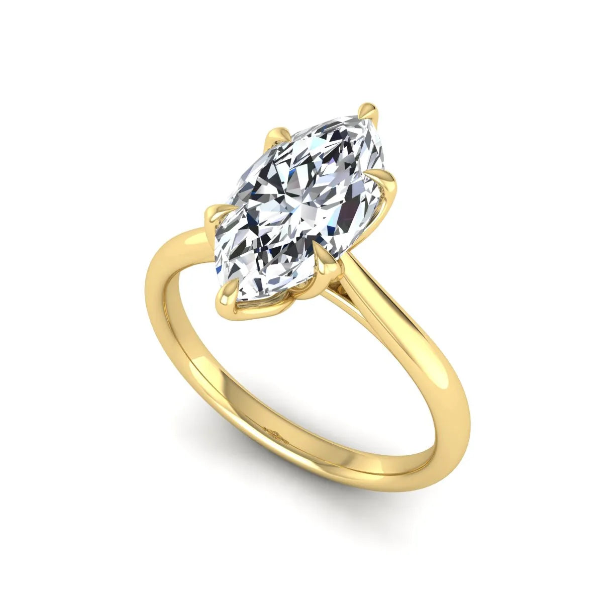 Marquise cut lab grown diamond solitaire engagement ring with six-prong setting and yellow gold tone band.
