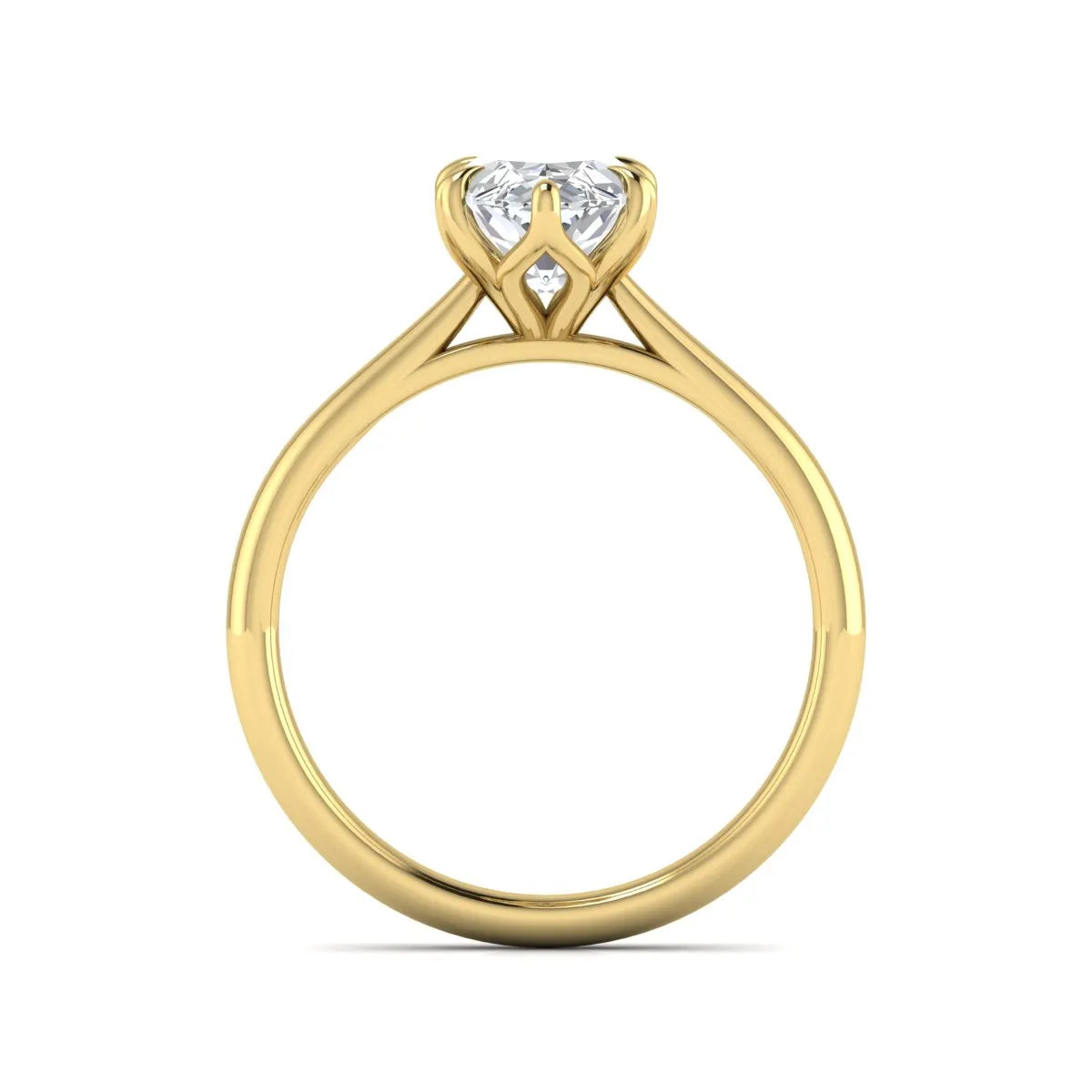 Marquise cut lab grown diamond solitaire engagement ring with six-prong setting and yellow gold tone band.