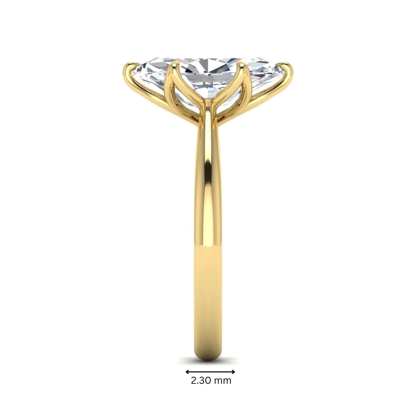 Marquise cut lab grown diamond solitaire engagement ring with six-prong setting and yellow gold tone band.