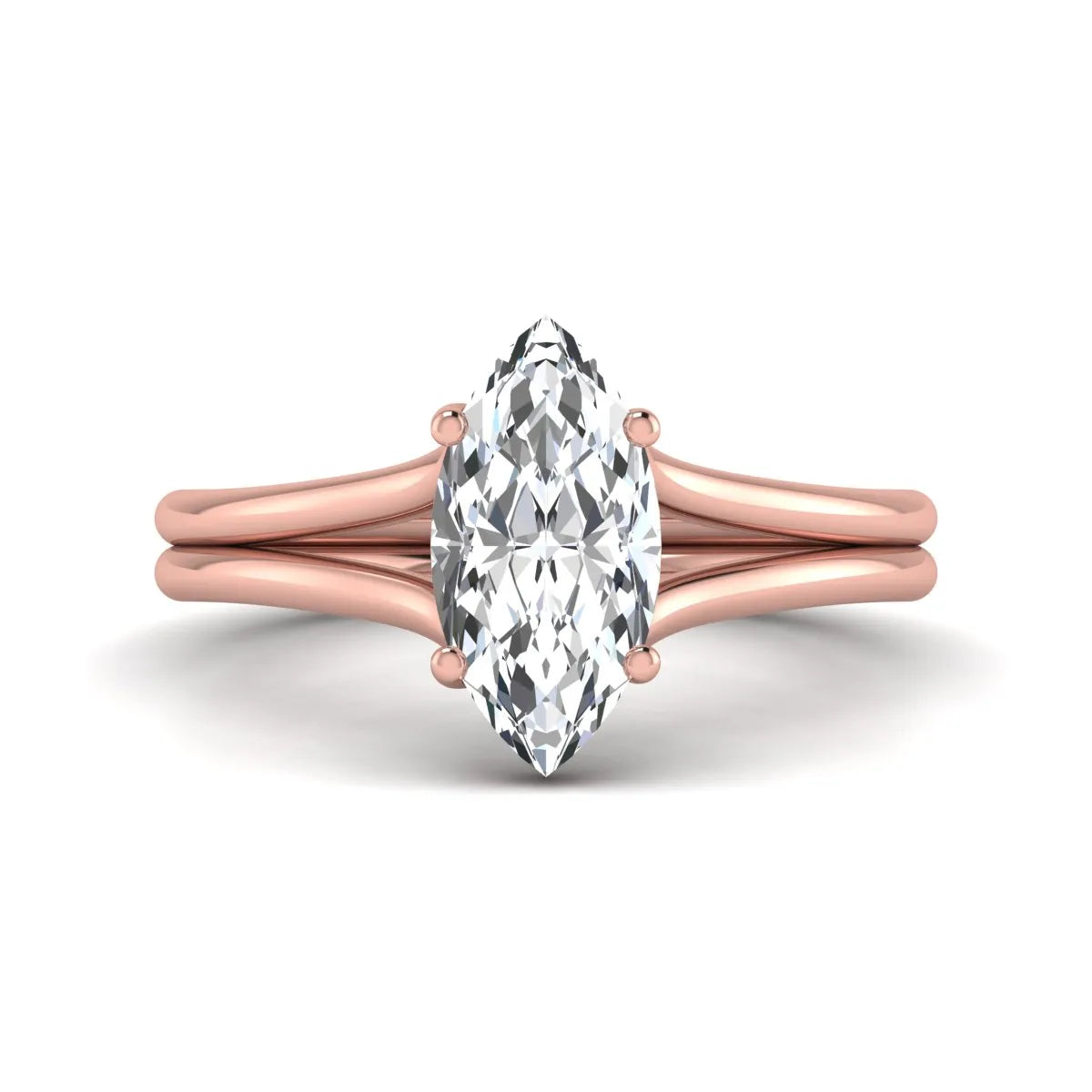 IGI certified 1.63 carat marquise cut lab grown diamond solitaire engagement ring with elegant split shank in rose gold.