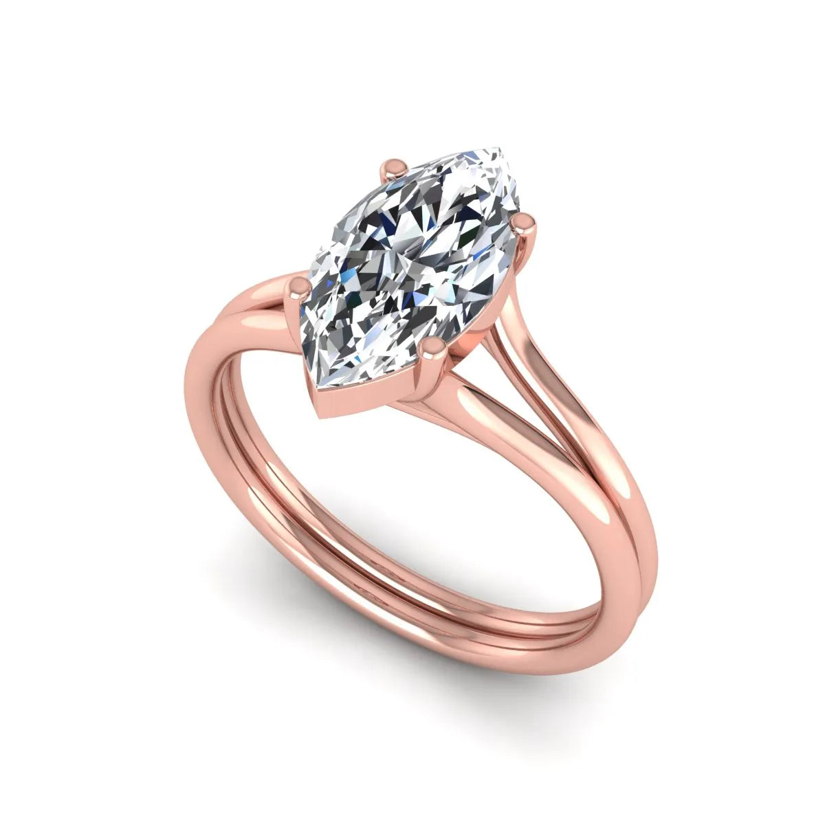 IGI certified 1.63 carat marquise cut lab grown diamond solitaire engagement ring with elegant split shank in rose gold.