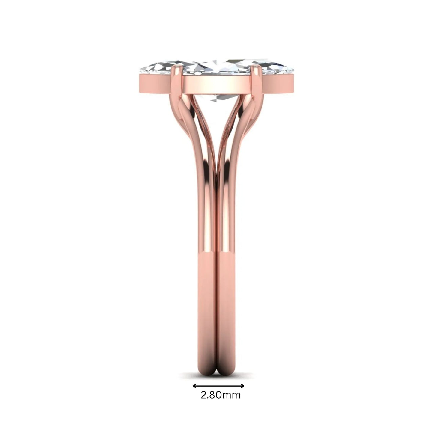IGI certified 1.63 carat marquise cut lab grown diamond solitaire engagement ring with elegant split shank in rose gold.
