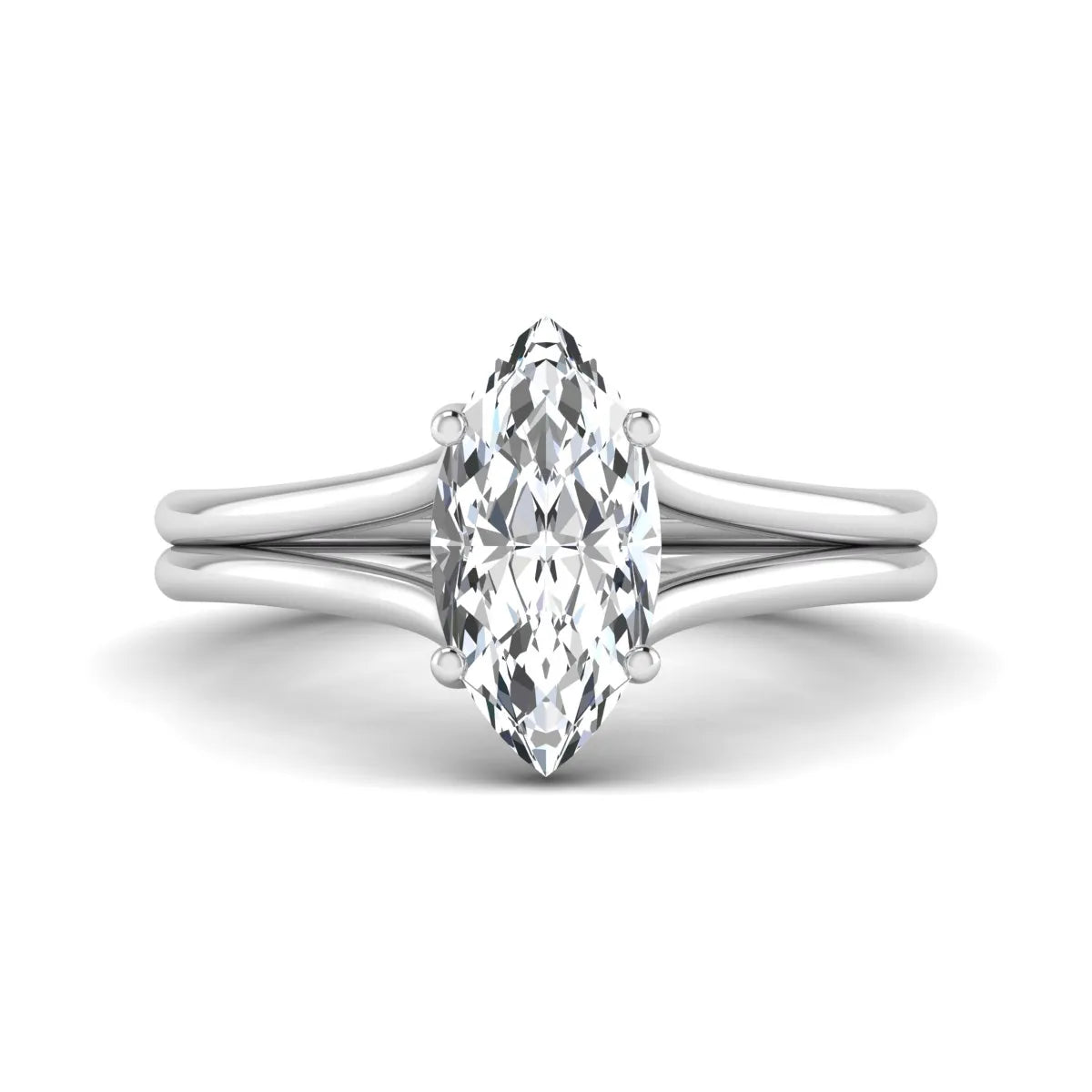 IGI certified 1.63 carat marquise cut lab grown diamond solitaire engagement ring with elegant split shank in white gold.