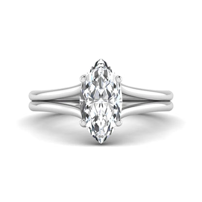IGI certified 1.63 carat marquise cut lab grown diamond solitaire engagement ring with elegant split shank in white gold.