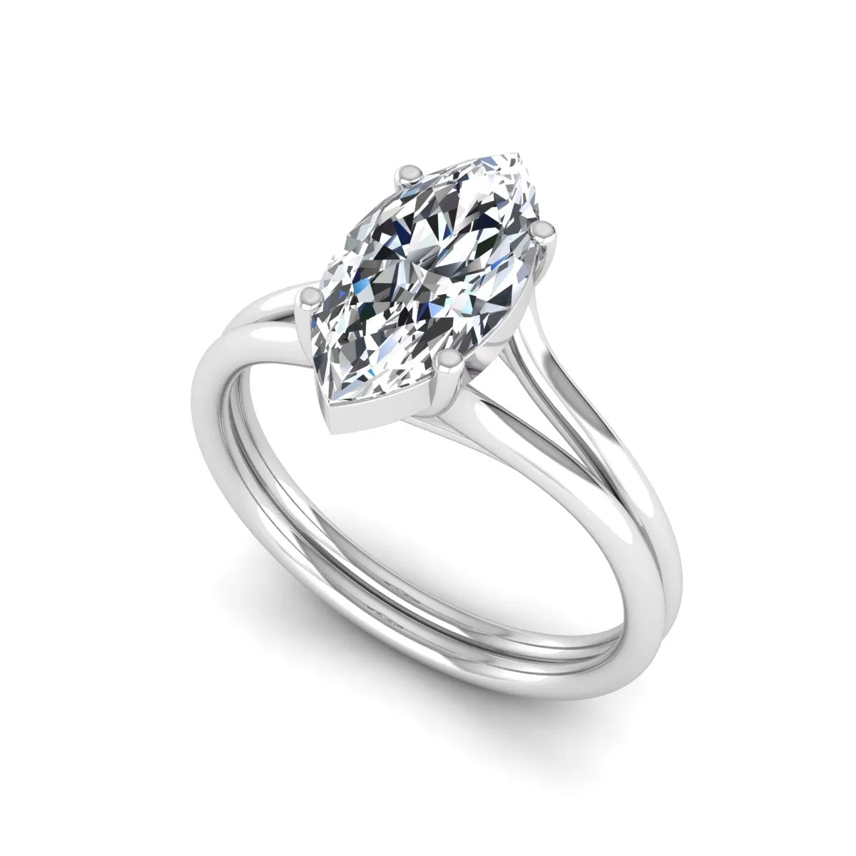 IGI certified 1.63 carat marquise cut lab grown diamond solitaire engagement ring with elegant split shank in white gold.