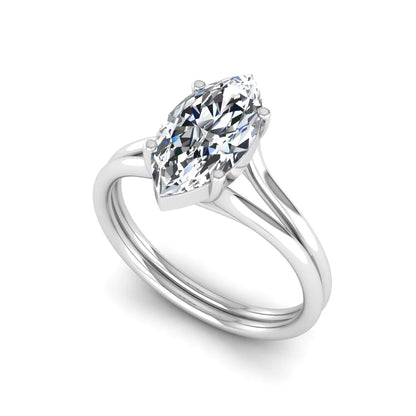 IGI certified 1.63 carat marquise cut lab grown diamond solitaire engagement ring with elegant split shank in white gold.